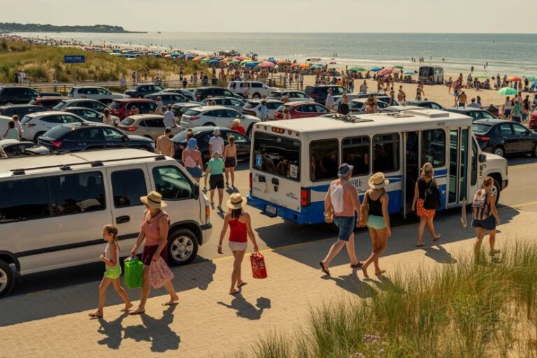 Crowded beach access area with a white-and-blue shuttle bus, many cars parked along the road, and people carrying bags toward the beach under colorful umbrellas.
