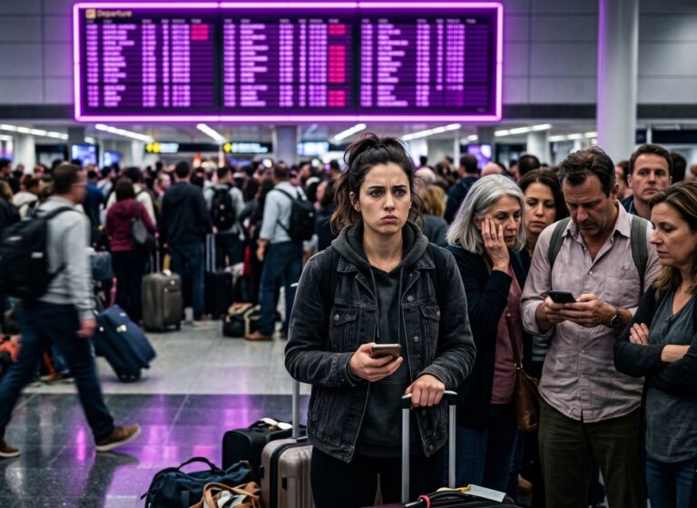 Young woman with a backpack and rolling suitcase stands in a crowded airport, looking worried while checking her phone.