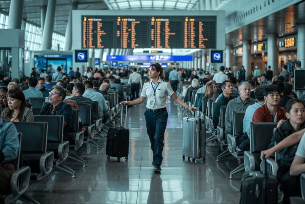Female airline attendant in uniform walks through a crowded airport terminal with rolling suitcases, guiding passengers and luggage.