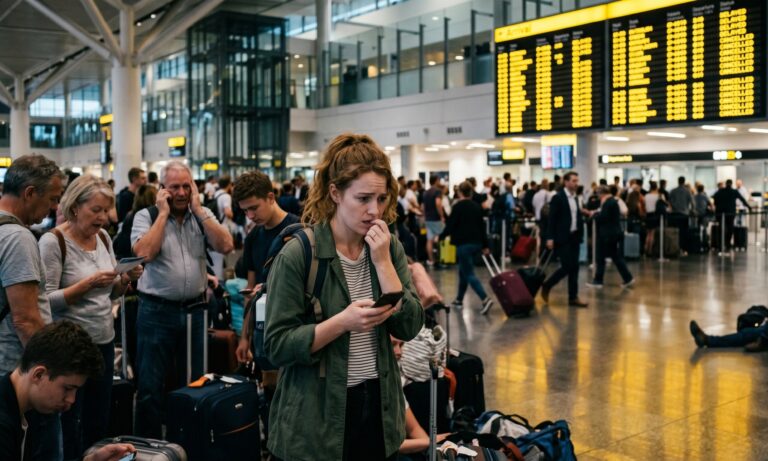 Crowded airport terminal with travelers waiting, many with rolling suitcases, near a large flight information board in the background.