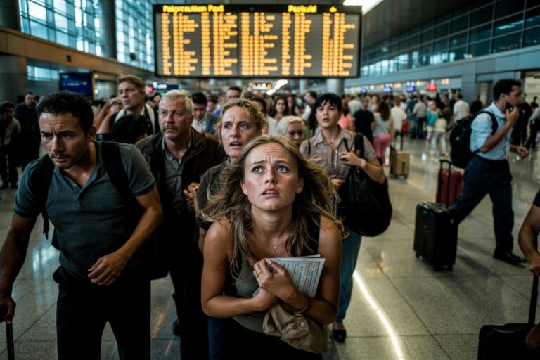 Crowded airport terminal with an anxious young woman in the foreground clutching boarding passes and papers while many travelers hurry behind her on a busy day warned by a large departure board behind them.