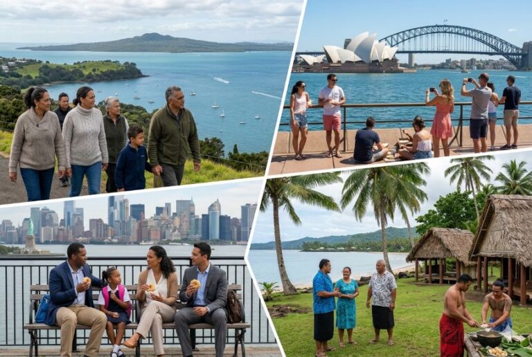 Collage of travelers at diverse destinations: coast overlook, Sydney Harbour with Opera House, family by a bench with NYC skyline, and a tropical village by palm trees.