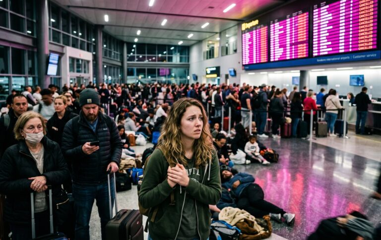 Crowded airport terminal with travelers waiting, a distressed young woman in the foreground clutching a backpack near stacked luggage as a large pink-lit departure board looms in the background.