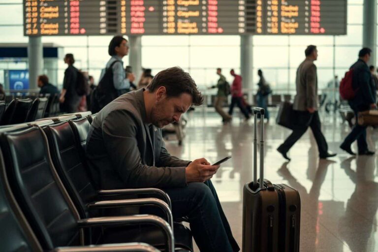 Man in a gray blazer sits on airport chairs, looking at his phone with a rolling suitcase beside him.