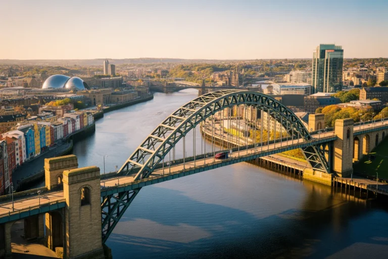 Aerial view of a green steel arch bridge spanning a wide river, with colorful row houses along the left bank and modern buildings in the distance on a sunny day.