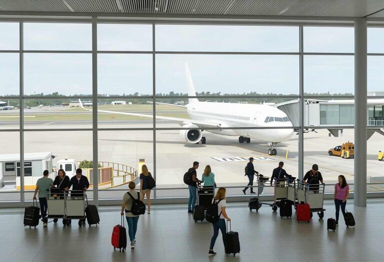Passengers with rolling suitcases walk through a bright airport terminal toward a white jet at the gate, visible through large glass windows.