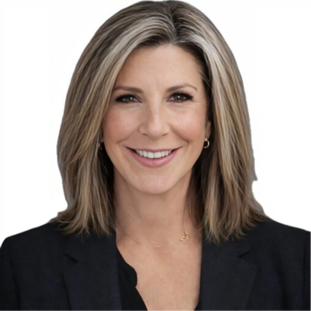 Smiling woman with shoulder-length highlighted hair in a black blazer, portrait-style headshot.