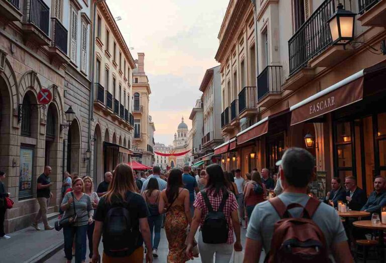 Crowded narrow street in a European city at sunset, with outdoor cafes on the right and people walking along the sidewalks.