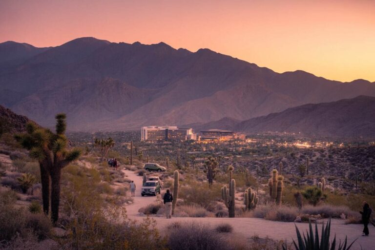 Desert trail at sunset with mountains in the distance, tall cacti and shrubs, people walking near parked cars and a distant city building.