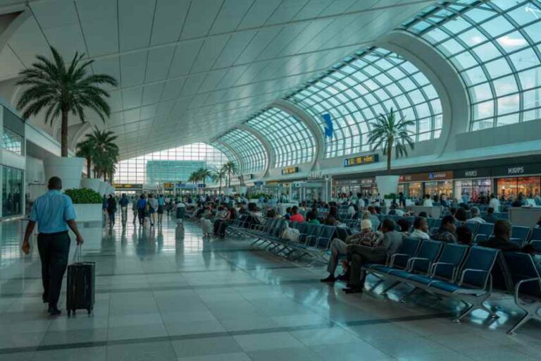 Busy modern airport terminal with a curved glass roof, palm trees, and rows of blue seating filled with travelers waiting for flights.