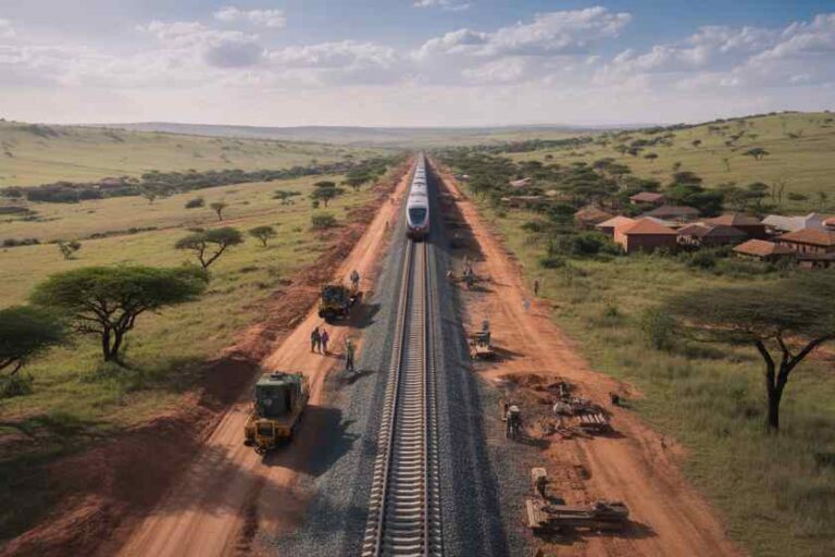 High-speed train on a single-track railway under construction through a savannah-like rural landscape with workers and heavy machinery nearby.
