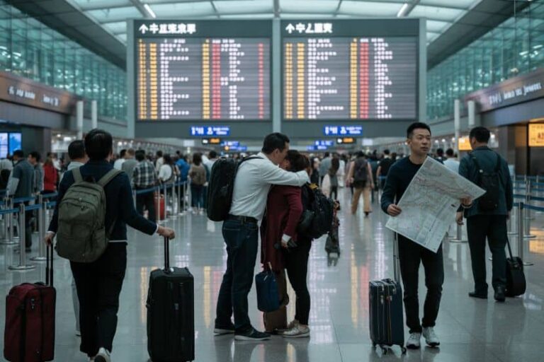 Busy airport terminal with travelers, luggage, and large arrivals/departures boards overhead; a couple hugs in the foreground.
