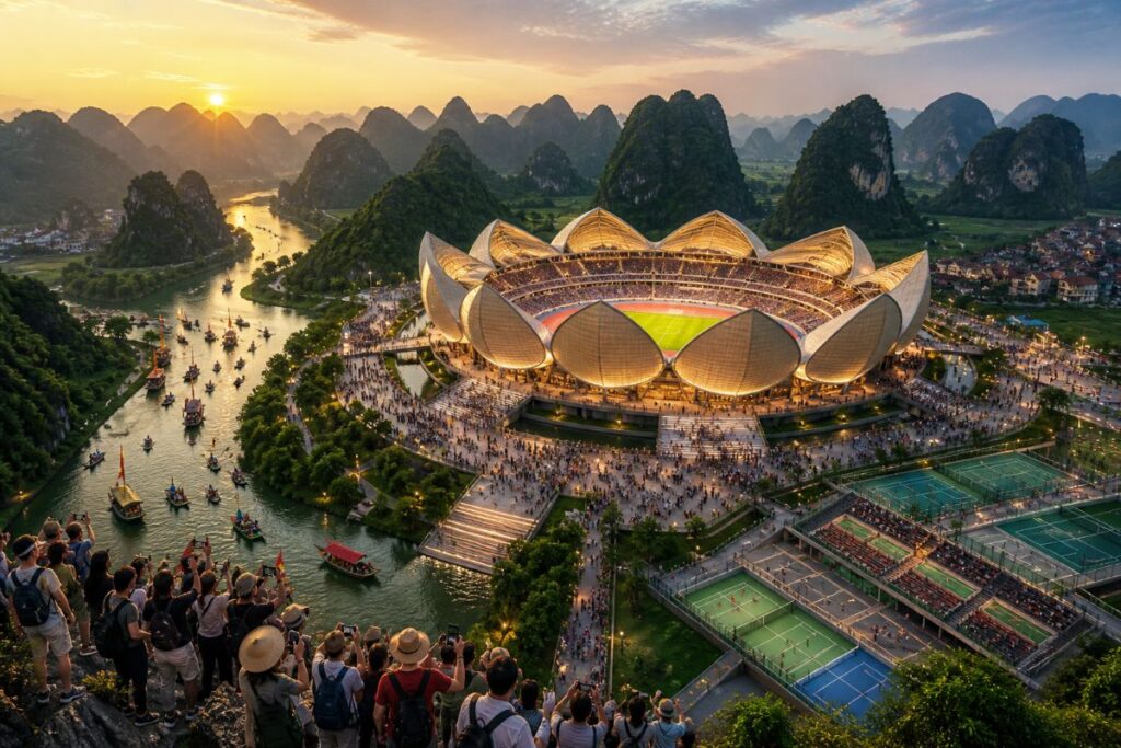 Sunset over a lotus-shaped stadium beside a winding river, with lush karst hills and crowds gathered around the venue and boats on the water behind them.