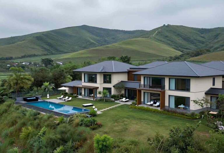 Modern villa with gray-tiled roofs, a rectangular pool, and a manicured lawn set against rolling green hills in the distance.
