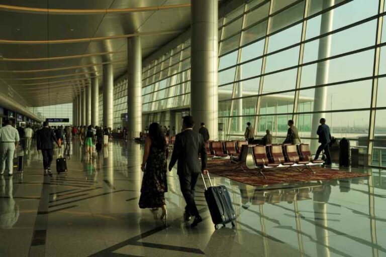 Busy airport terminal with travelers walking and pulling wheeled suitcases beside large glass windows and seating along the concourse.