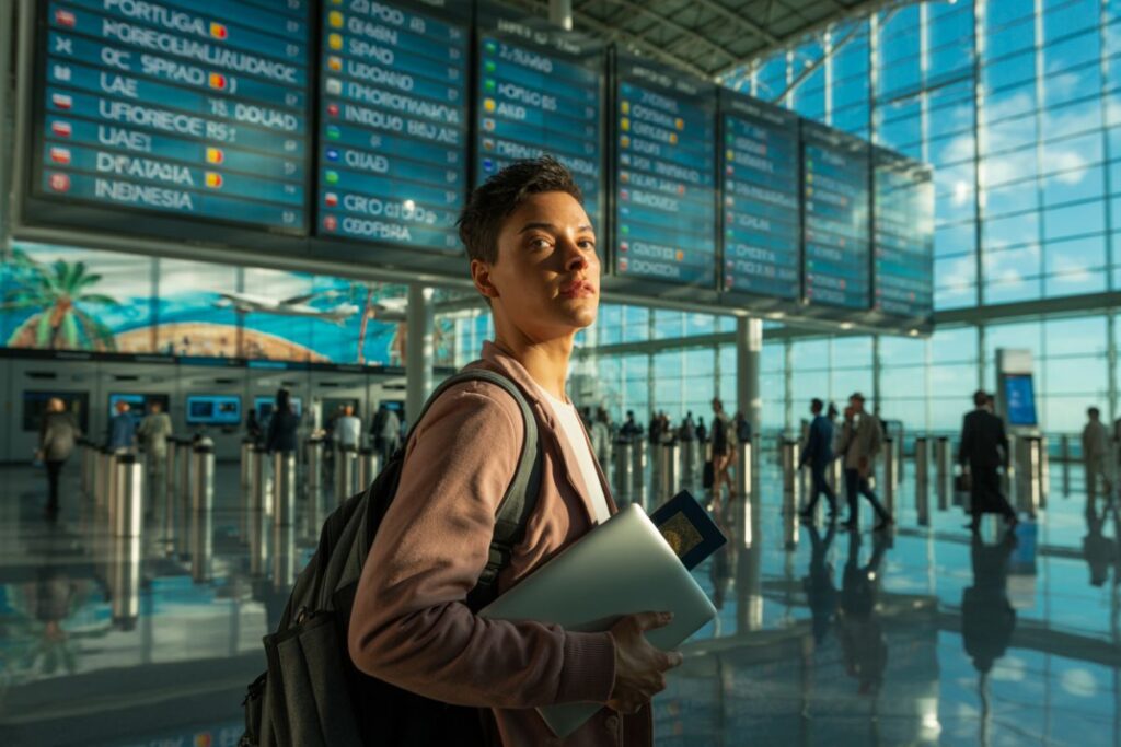 Traveler with backpack stands in a bright airport terminal, holding a laptop and a passport under overhead flight boards in blue.