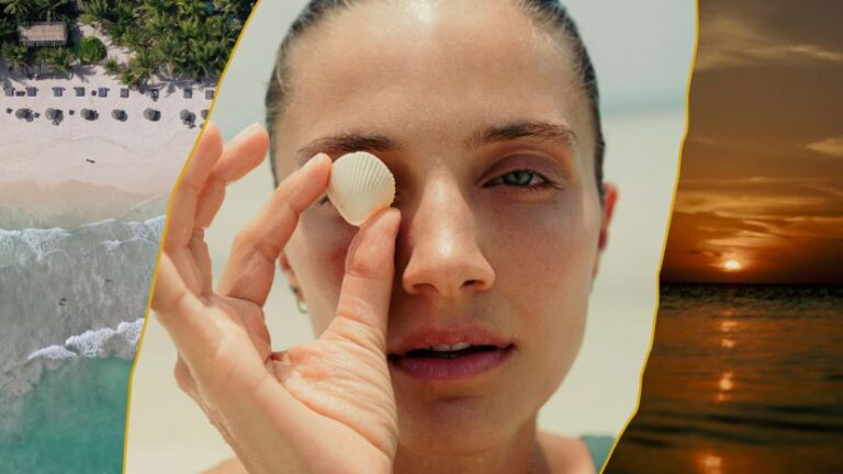 Collage of a woman holding a seashell to her eye at the beach, with tropical coastline on the left and a sunset on the right.