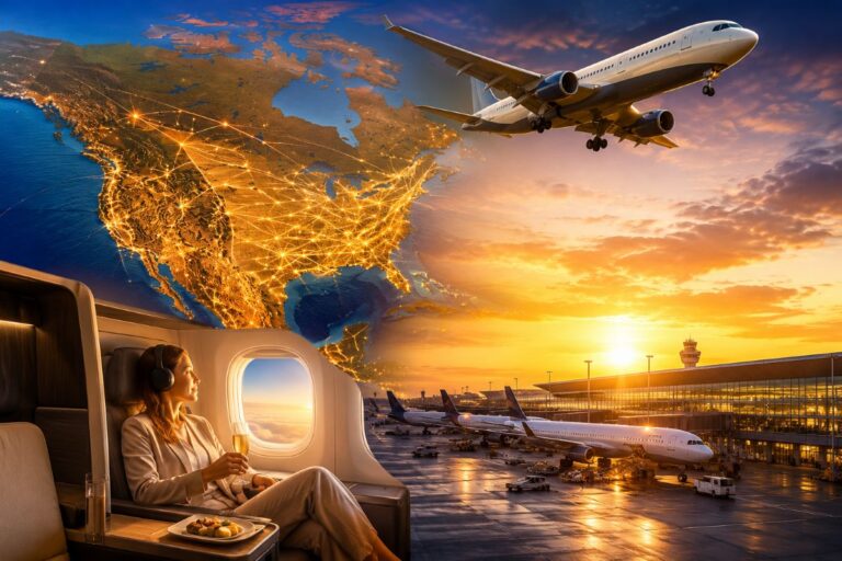 Business traveler in a plane seat with headset and champagne, overlooking a sunset-lit airport and a glowing global network map.