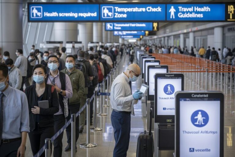 Crowd of travelers wearing masks at airport check-in kiosks beneath signs for health screening and temperature checks.