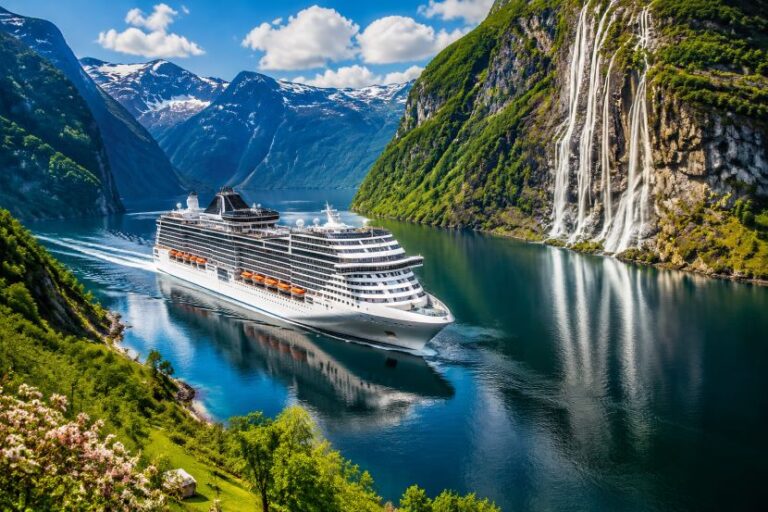 Large white cruise ship sails through a narrow fjord, flanked by steep green cliffs and a waterfall cascading down the rock face.