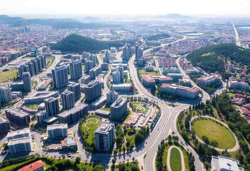 Aerial view of a dense urban area with high-rise buildings, curved roads, and green parks.