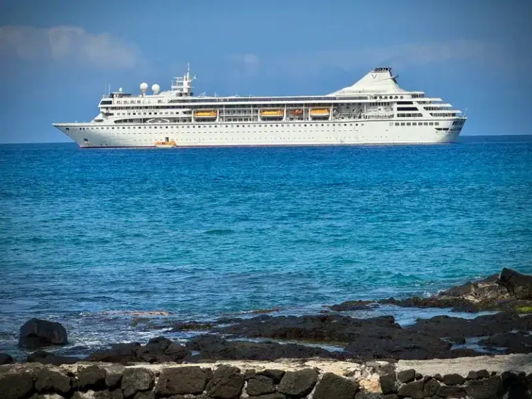 White cruise ship anchored off a rocky coastline with turquoise water and a clear blue sky in the background.