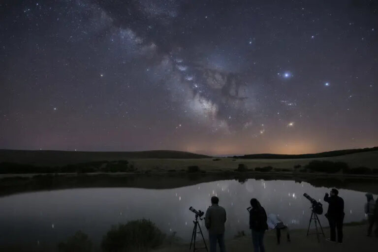 Night sky with the Milky Way over a calm lake; silhouettes of people with telescopes along the shore.
