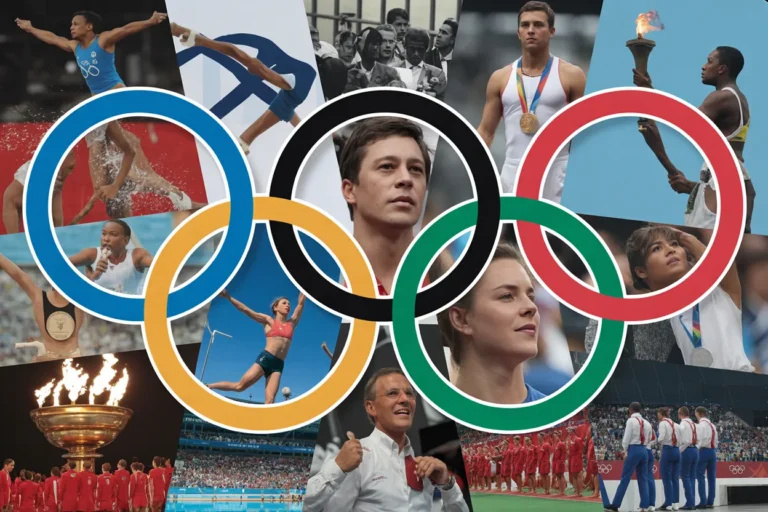 Collage of the five Olympic rings with athletes in action and the Olympic torch, symbolizing the Olympic Games.