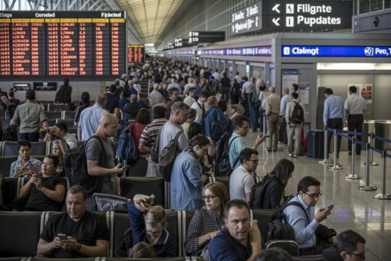 Crowded airport terminal with travelers standing in line and seated, a large flight information board on the left.