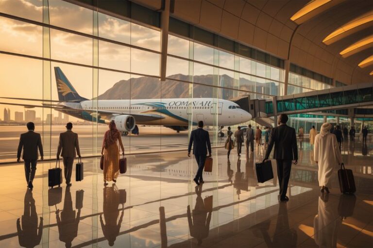 Passengers with rolling suitcases walk toward a parked Oman Air plane at the gate inside a glass-walled terminal at sunset.