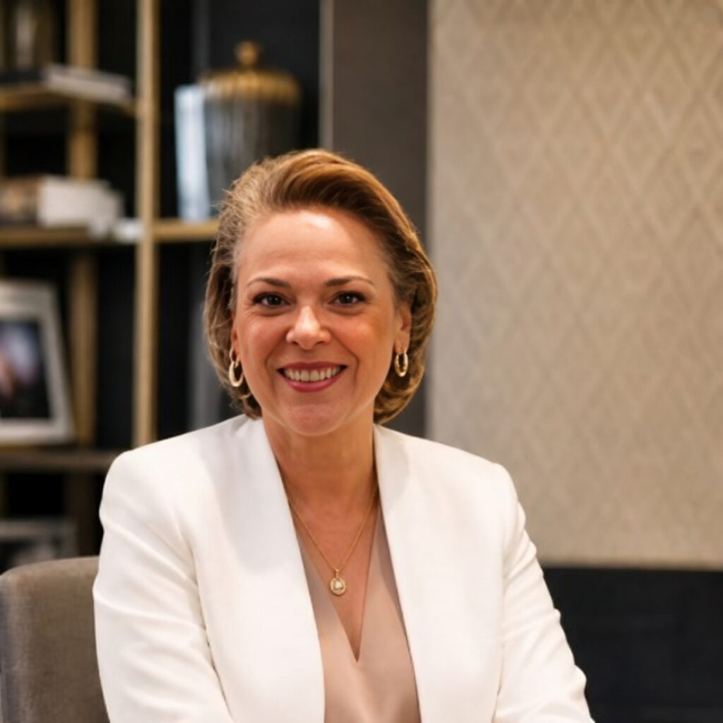 Smiling woman in a white blazer seated in a modern office setting, facing the camera.