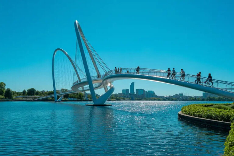 Pedestrian bike bridge over a calm blue lake with people walking and biking along the curved elevated pathway.