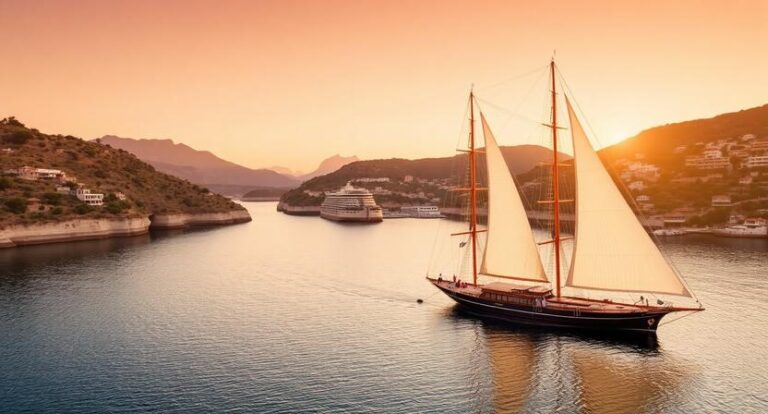 Two-masted sailing schooner gliding through a calm harbor at sunset, with orange sky and distant hills on either side.