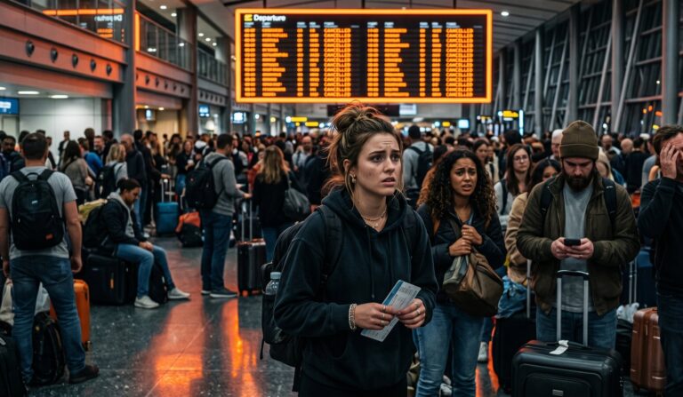 Crowded airport terminal with a large orange departure board overhead and travelers with luggage awaiting departures.
