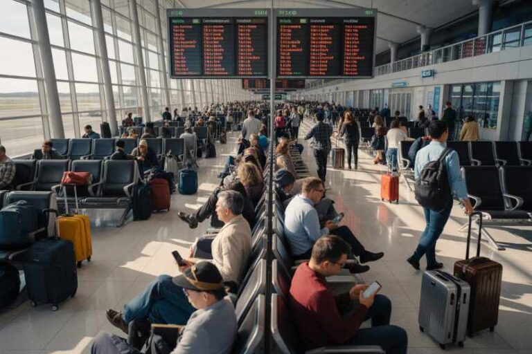 Crowded airport terminal with passengers sitting and reading, luggage scattered, flight boards overhead.