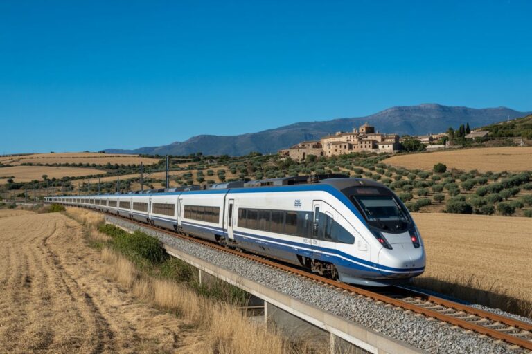 Modern white and blue high-speed train on an elevated track through golden countryside with a hilltop village in the distance under a clear blue sky.