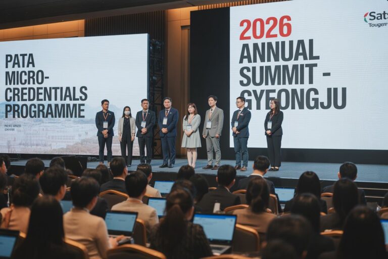 Speakers on a stage at a conference, with a large screen showing '2026 Annual Summit – Gyeongju' and 'PATA Micro-Credentials Programme'.