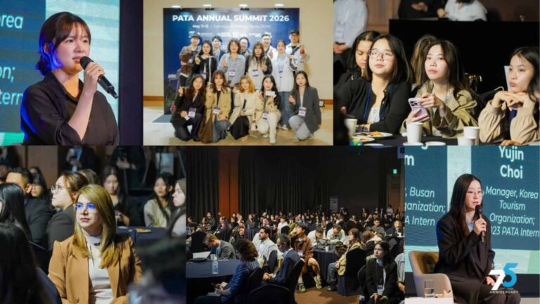 Collage of conference scenes at the PATA Annual Summit 2026: speaker, group photo, and audience panels.