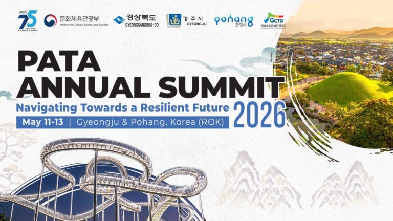 Banner announcing PATA Annual Summit 2026 with the theme 'Navigating Towards a Resilient Future' and dates May 11–13 in Gyeongju & Pohang, Korea (ROK).
