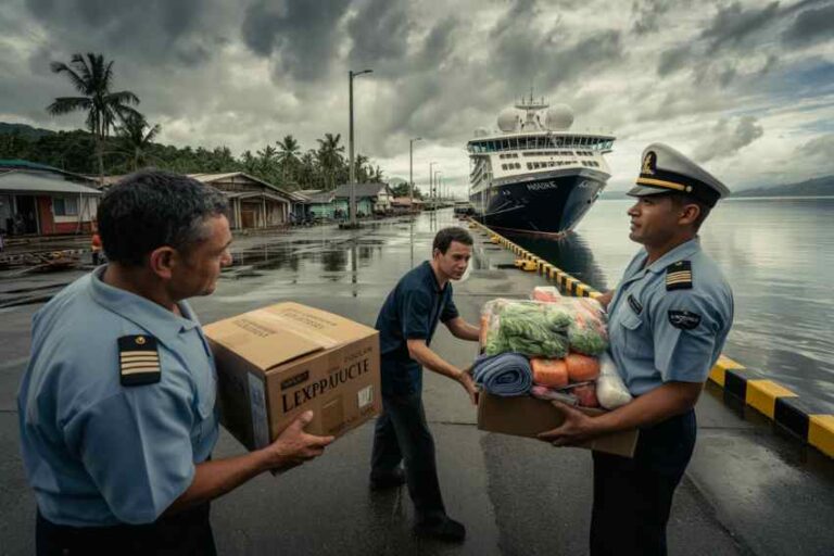 Two uniformed workers receive relief supplies from a man at a wet dock, with a large ship moored in the background on a cloudy day.