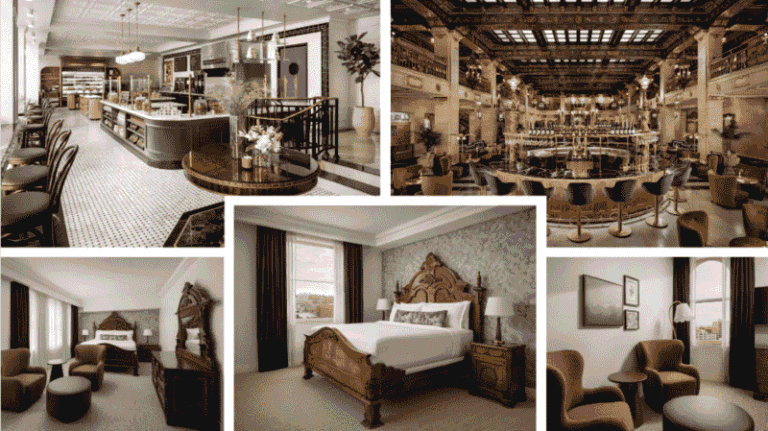 Collage of a luxury hotel: lobby with reception desk and seating, grand bar/lounge, and a ornate four-poster bedroom plus cozy seating in suites.