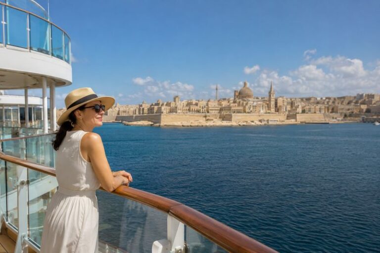 Woman in a white dress and straw hat leaning on a cruise ship railing, gazing at a Mediterranean harbor and historic city skyline across the water.