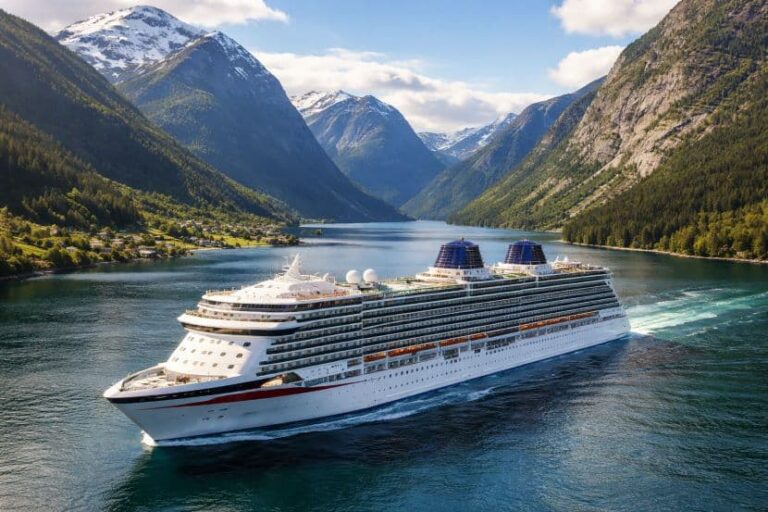 Large white cruise ship sailing through a narrow fjord between green mountains with a blue sky above.