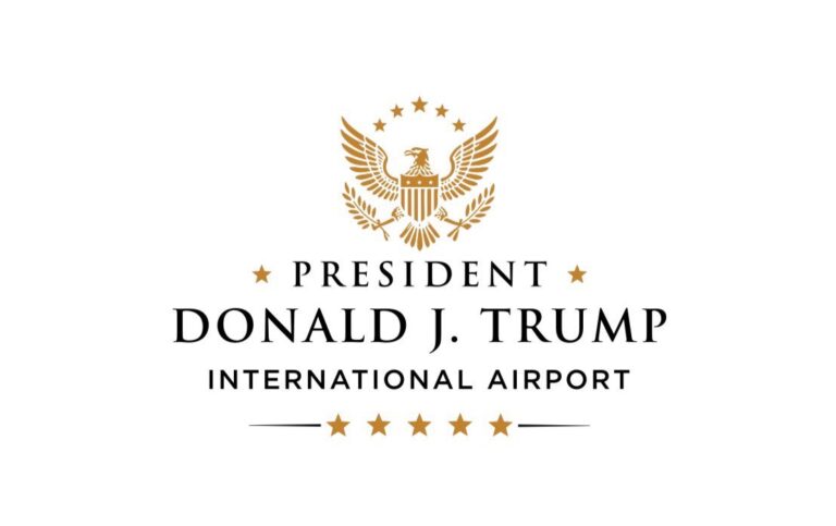 Logo for President Donald J. Trump International Airport featuring a gold eagle emblem and stars.