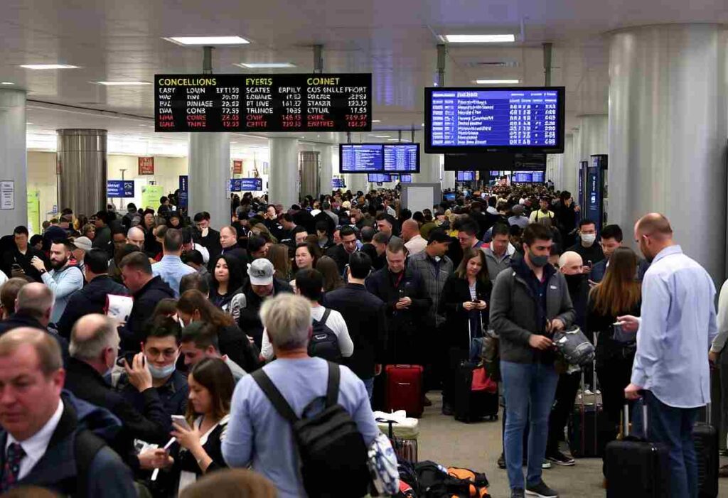 Crowded airport terminal with travelers, luggage, and staff beneath digital departure boards.