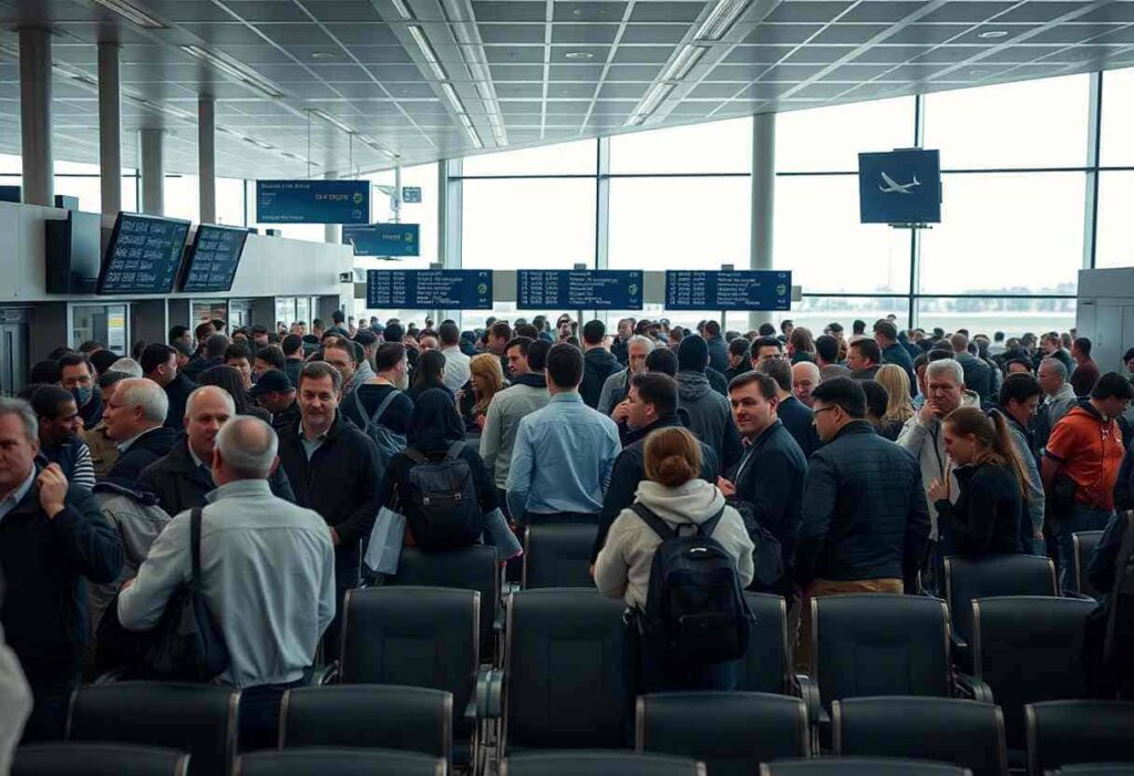 Crowded airport terminal with travelers standing and seated, blue departure boards overhead.
