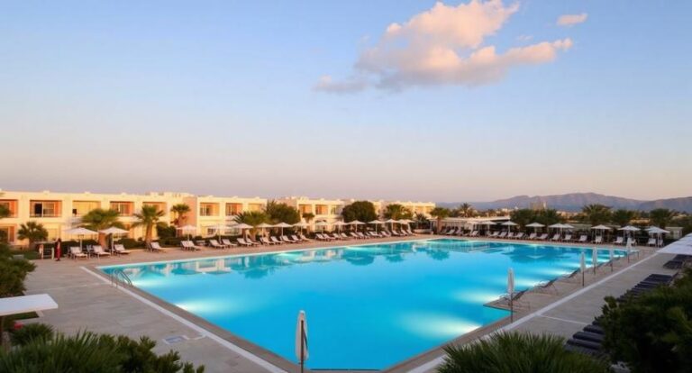 Resort pool area with bright blue water, lounge chairs, and palm trees along the deck; low-rise hotel buildings in the background at dusk.