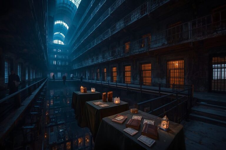 Dim candlelit dining setup in a derelict industrial atrium with iron walkways and a water-filled center pool.