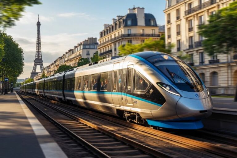 High-speed train on tracks beside Parisian streets with the Eiffel Tower and Haussmann buildings in the background.
