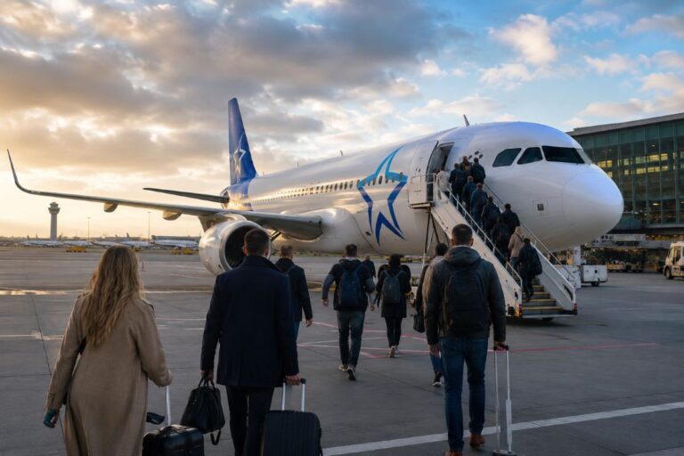 Passengers with rolling suitcases boarding a white airplane via a portable stairs at an airport gate, sunset sky in the background